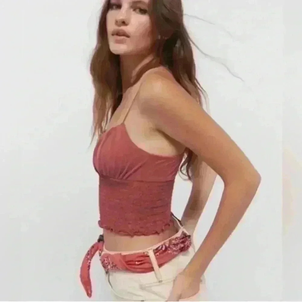 Urban Outfitters Emma Cupro Smocked Cami Crop Top Size Medium - Picture 2 of 7